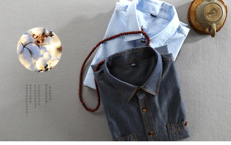 Men's Jeans Shirt Pure Cotton Slim Fit Long Sleeve Fashion Male Dress Shirts High Quality Denim Casual Clothing Two Chest Pocket
