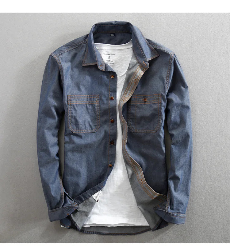 Men's Jeans Shirt Pure Cotton Slim Fit Long Sleeve Fashion Male Dress Shirts High Quality Denim Casual Clothing Two Chest Pocket