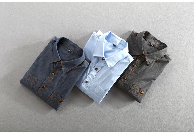 Men's Jeans Shirt Pure Cotton Slim Fit Long Sleeve Fashion Male Dress Shirts High Quality Denim Casual Clothing Two Chest Pocket