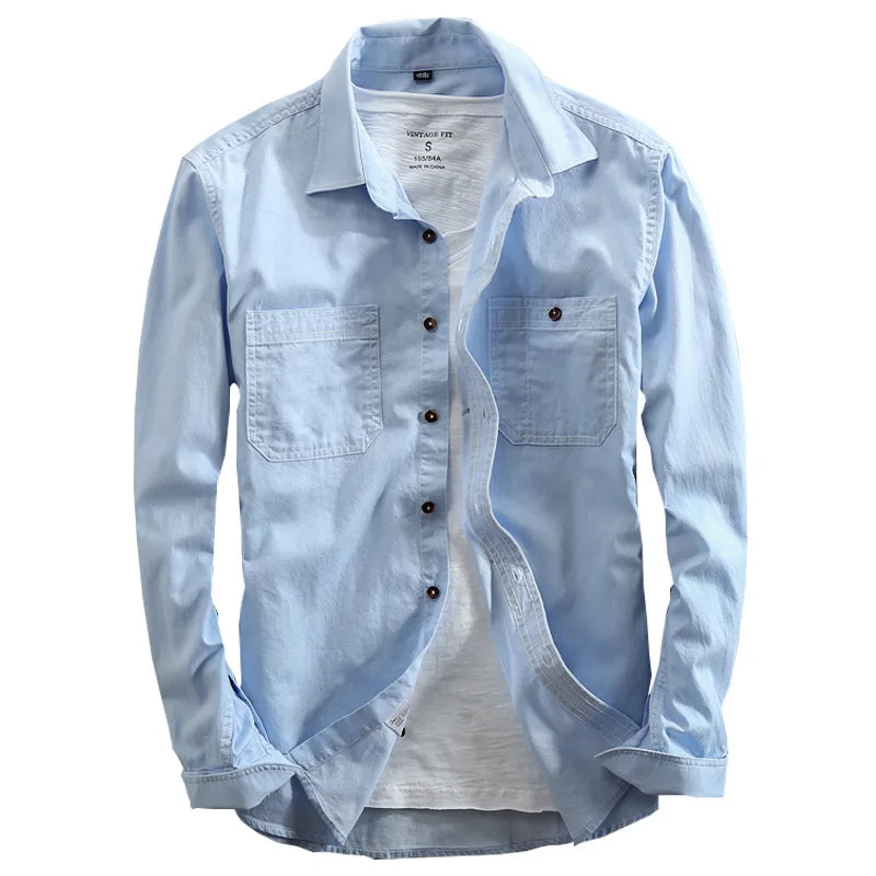 Men's Jeans Shirt Pure Cotton Slim Fit Long Sleeve Fashion Male Dress Shirts High Quality Denim Casual Clothing Two Chest Pocket