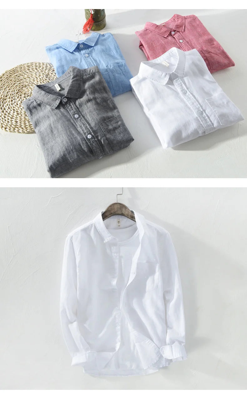 Mens Cotton Linen Shirt Breathable Casual Solid Colors Loose Turn-down Collar Long Sleeve Button Down Blouse Tops Shirts For Man