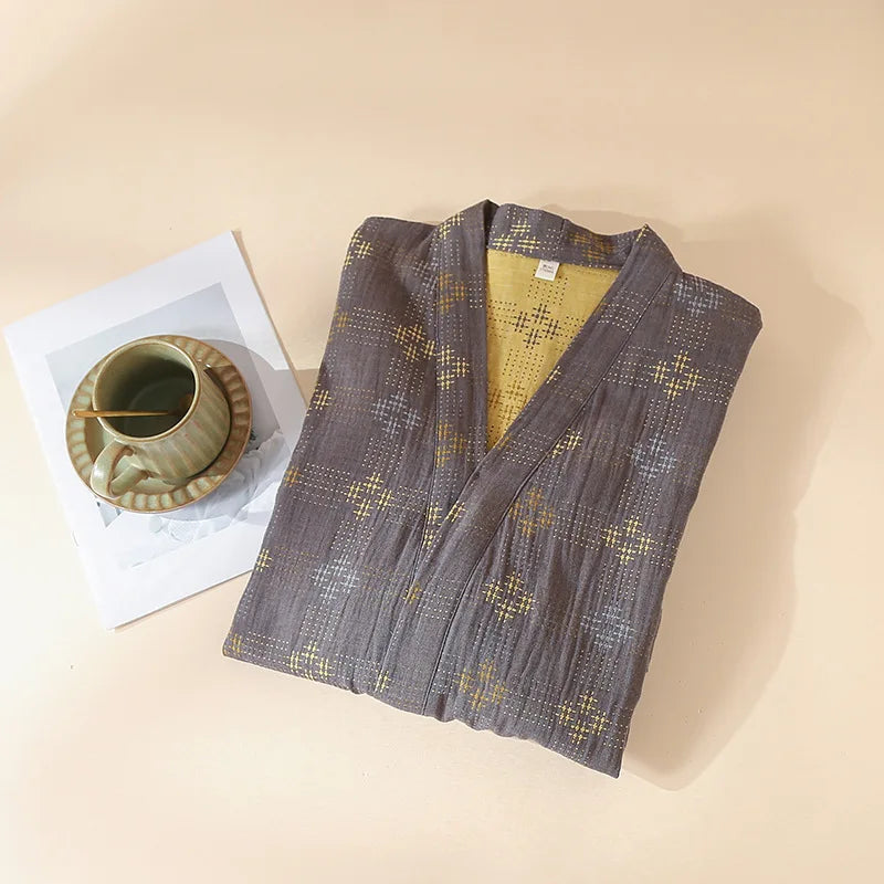 Mens Cotton Kimono Robe Mid Calf Summer Bathrobe Plus Size Loungewear V-Neck Woven Jacquard Pajamas