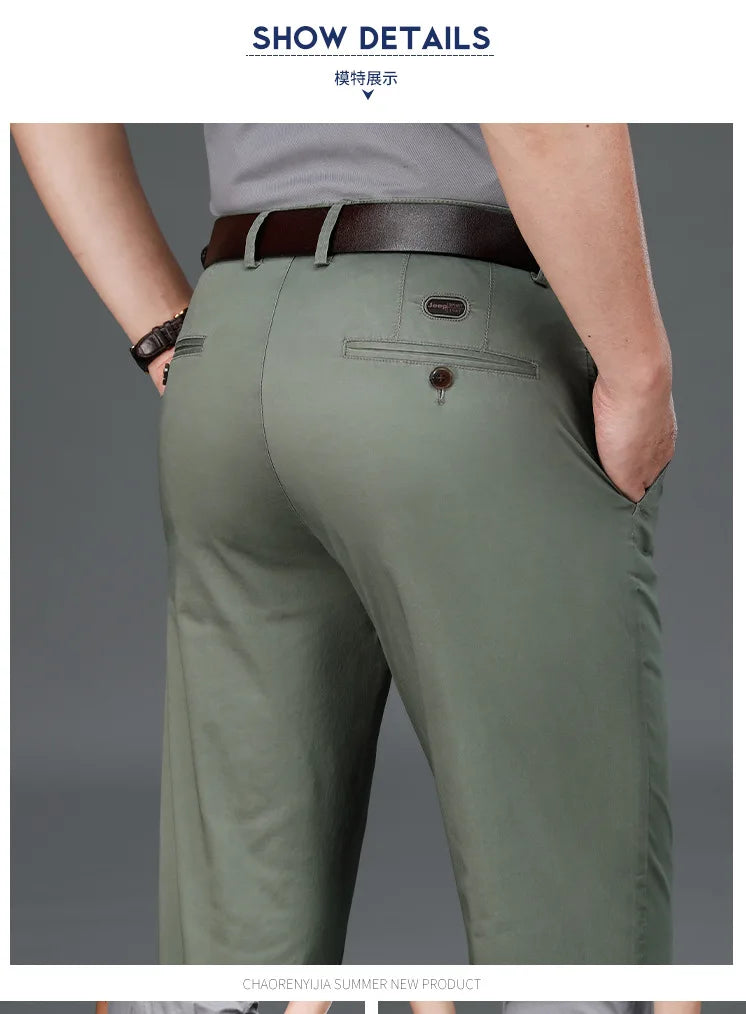 Spring Summer Cotton Casual Pants Mens Clothing Straight Business Green Black Khaki Trousers Male Brand 2022