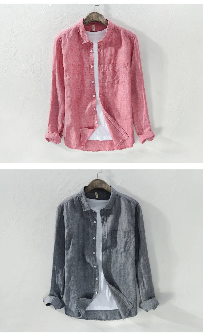 Mens Cotton Linen Shirt Breathable Casual Solid Colors Loose Turn-down Collar Long Sleeve Button Down Blouse Tops Shirts For Man