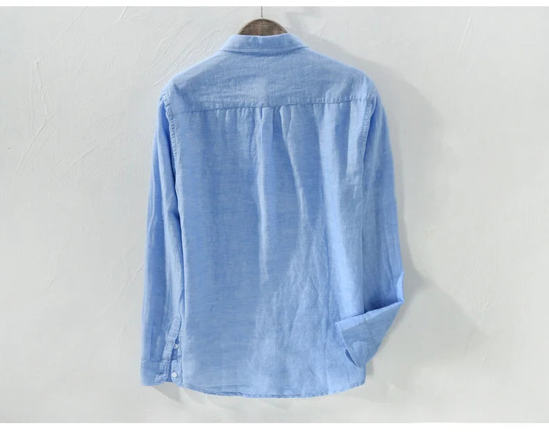 Mens Cotton Linen Shirt Breathable Casual Solid Colors Loose Turn-down Collar Long Sleeve Button Down Blouse Tops Shirts For Man