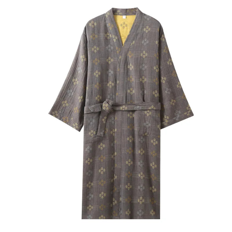 Mens Cotton Kimono Robe Mid Calf Summer Bathrobe Plus Size Loungewear V-Neck Woven Jacquard Pajamas