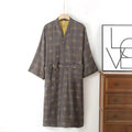Mens Cotton Kimono Robe Mid Calf Summer Bathrobe Plus Size Loungewear V-Neck Woven Jacquard Pajamas