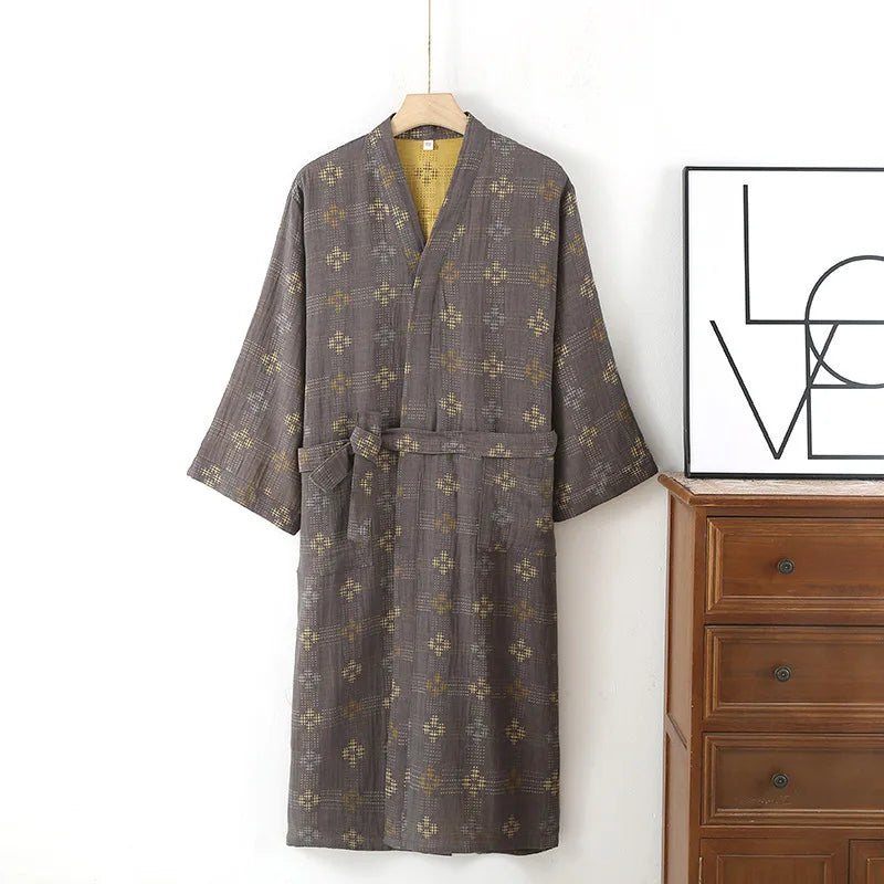 Mens Cotton Kimono Robe Mid Calf Summer Bathrobe Plus Size Loungewear V-Neck Woven Jacquard Pajamas