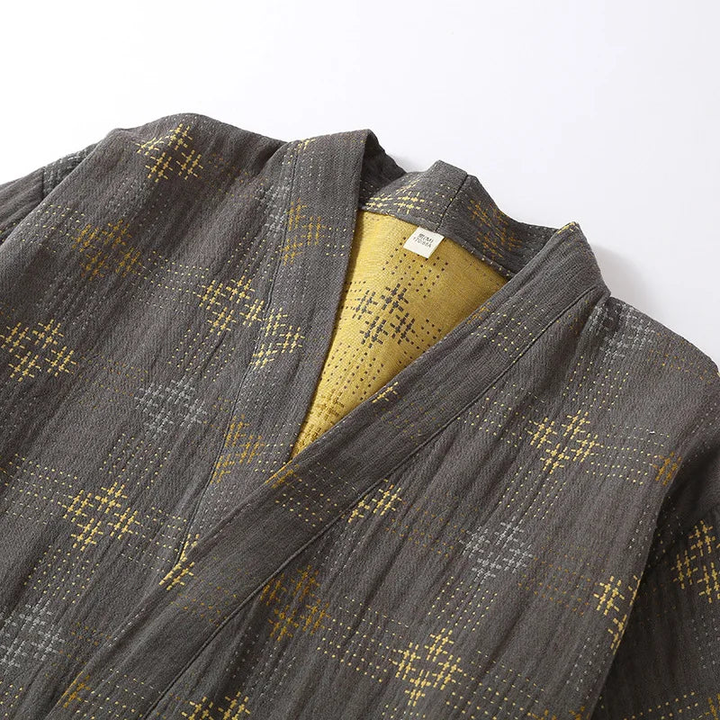 Mens Cotton Kimono Robe Mid Calf Summer Bathrobe Plus Size Loungewear V-Neck Woven Jacquard Pajamas