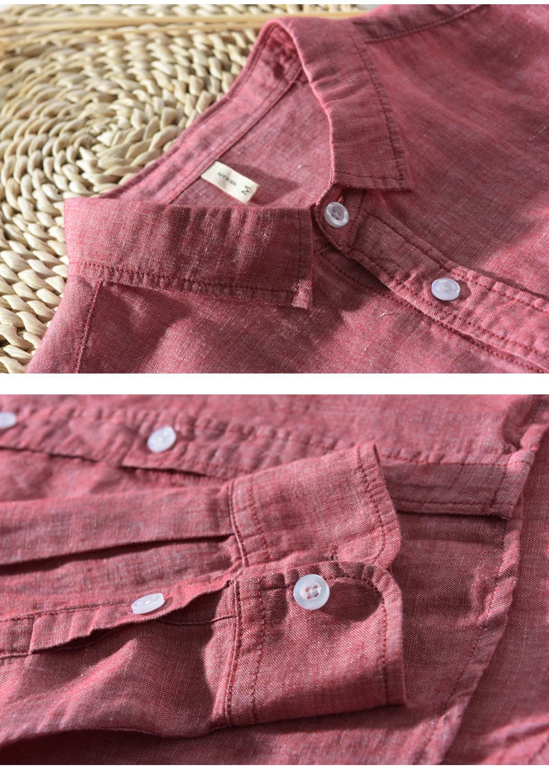 Mens Cotton Linen Shirt Breathable Casual Solid Colors Loose Turn-down Collar Long Sleeve Button Down Blouse Tops Shirts For Man