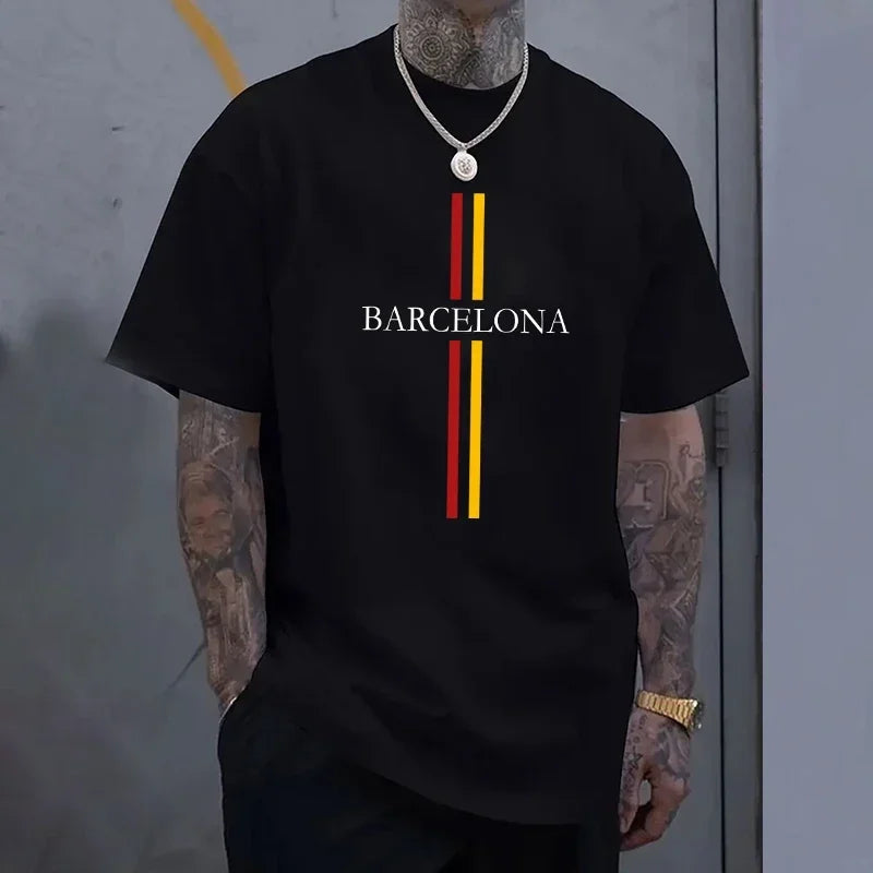 Barcelona Men's Cotton T-shirt Spring Summer Daily Casual Fashion O-neck Short Sleeve Top Male Home Outdoor Comfort Soft Tees
