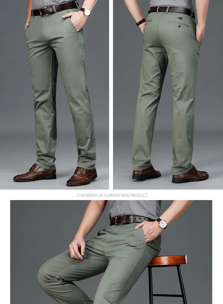 Spring Summer Cotton Casual Pants Mens Clothing Straight Business Green Black Khaki Trousers Male Brand 2022
