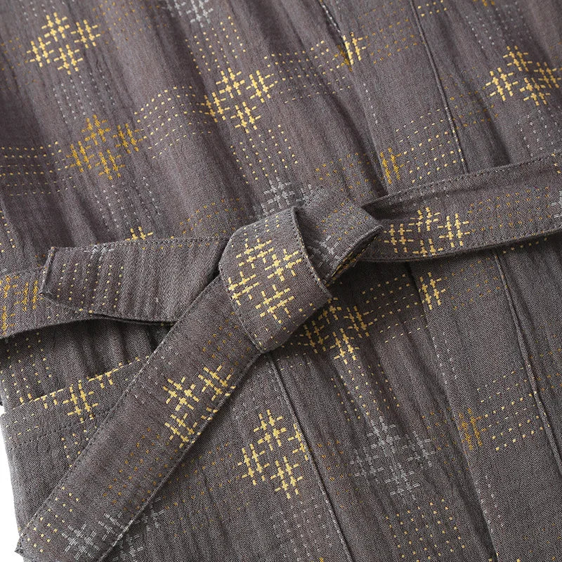 Mens Cotton Kimono Robe Mid Calf Summer Bathrobe Plus Size Loungewear V-Neck Woven Jacquard Pajamas