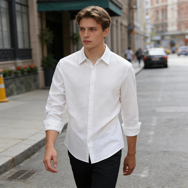 Men's Cotton Linen Shirt Casual Fashion Male Clothing High Quality Tops Black White Shirts Business Long Sleeve Shirt Men