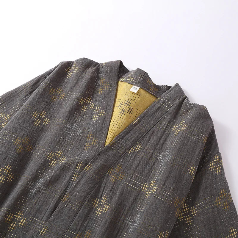 Mens Cotton Kimono Robe Mid Calf Summer Bathrobe Plus Size Loungewear V-Neck Woven Jacquard Pajamas