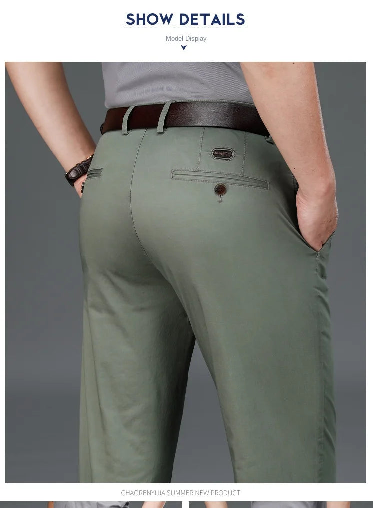 Spring Summer Cotton Casual Pants Mens Clothing Straight Business Green Black Khaki Trousers Male Brand 2022