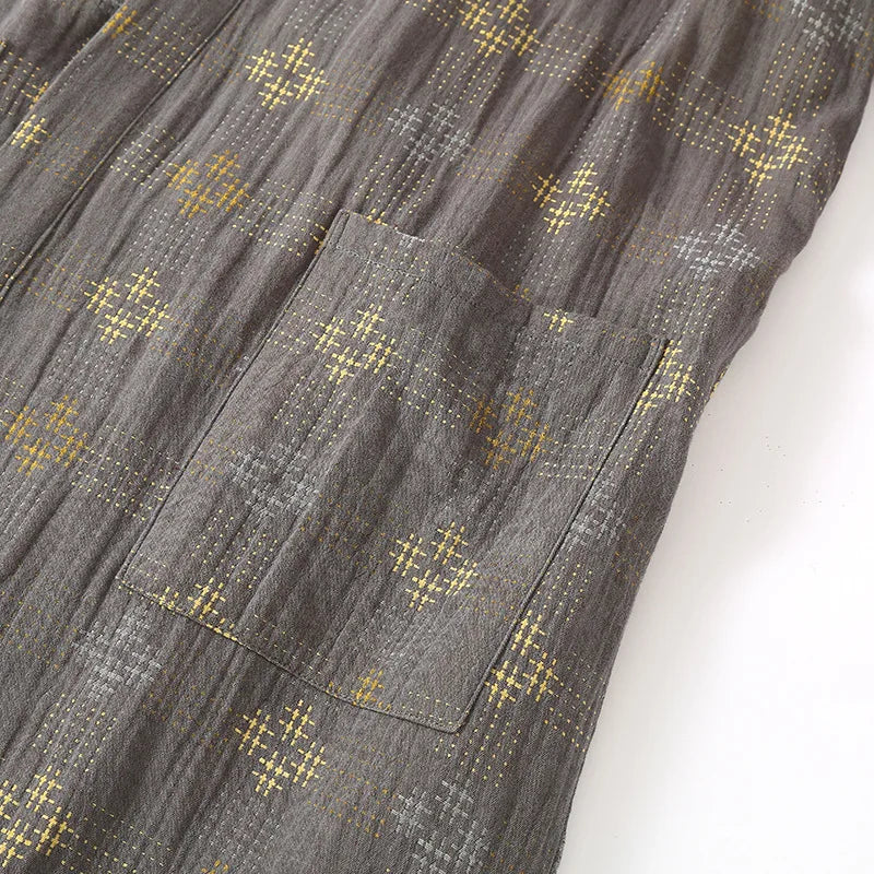 Mens Cotton Kimono Robe Mid Calf Summer Bathrobe Plus Size Loungewear V-Neck Woven Jacquard Pajamas