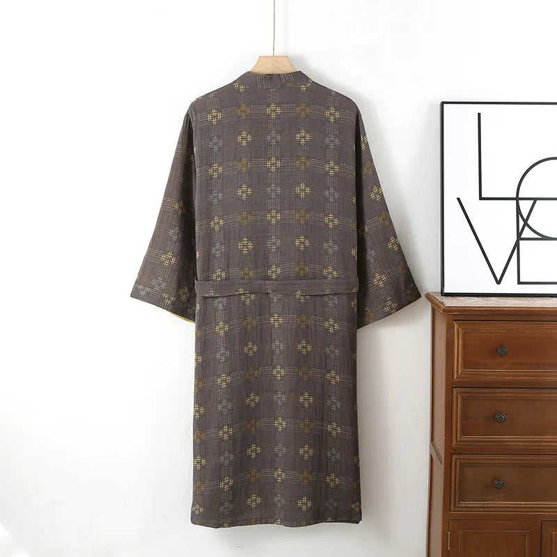 Mens Cotton Kimono Robe Mid Calf Summer Bathrobe Plus Size Loungewear V-Neck Woven Jacquard Pajamas