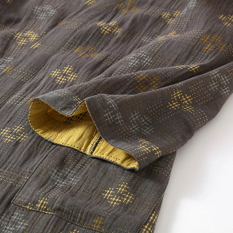 Mens Cotton Kimono Robe Mid Calf Summer Bathrobe Plus Size Loungewear V-Neck Woven Jacquard Pajamas