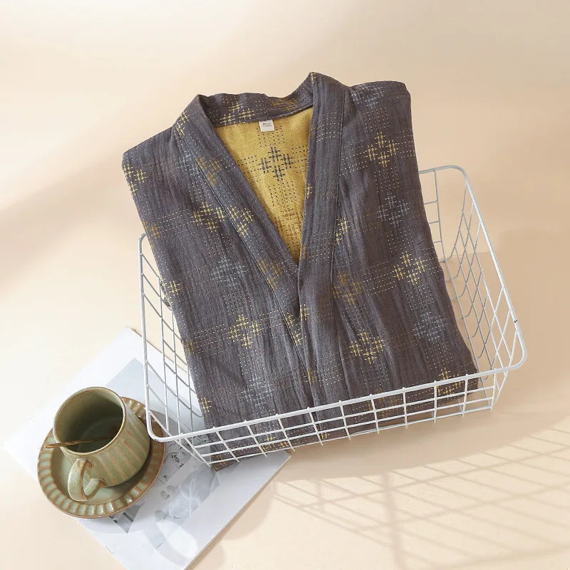 Mens Cotton Kimono Robe Mid Calf Summer Bathrobe Plus Size Loungewear V-Neck Woven Jacquard Pajamas