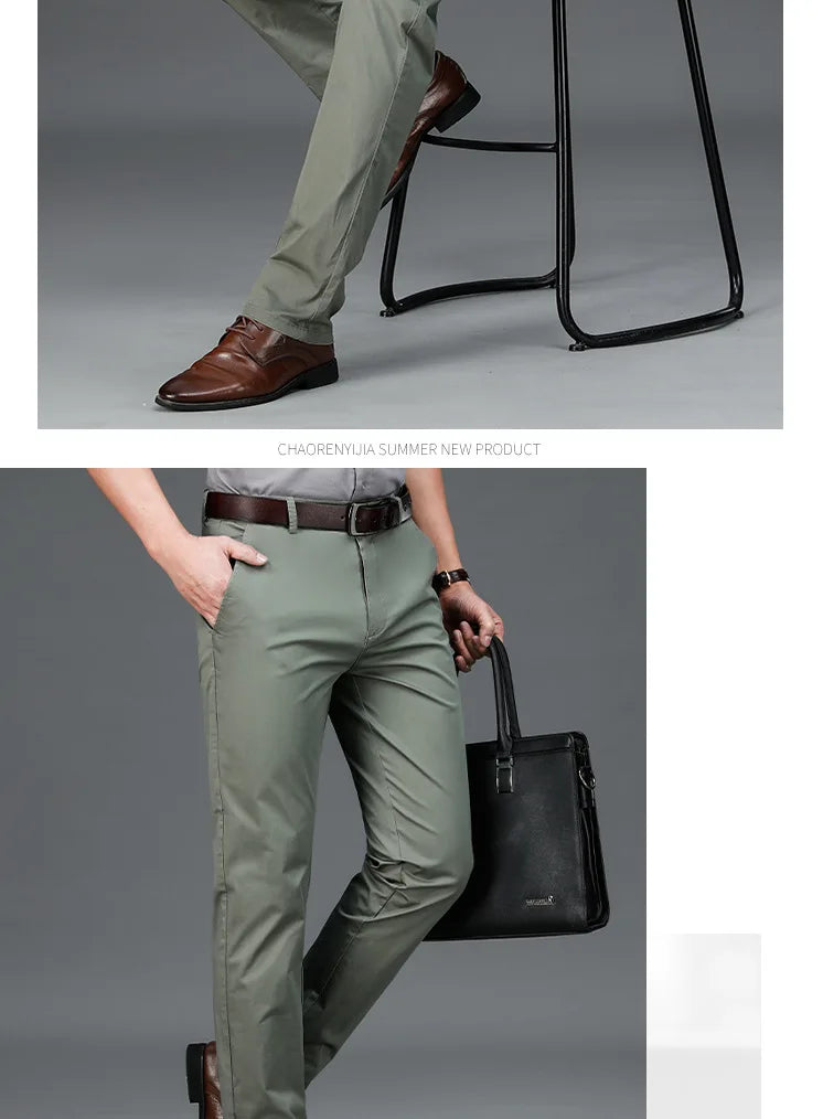 Spring Summer Cotton Casual Pants Mens Clothing Straight Business Green Black Khaki Trousers Male Brand 2022