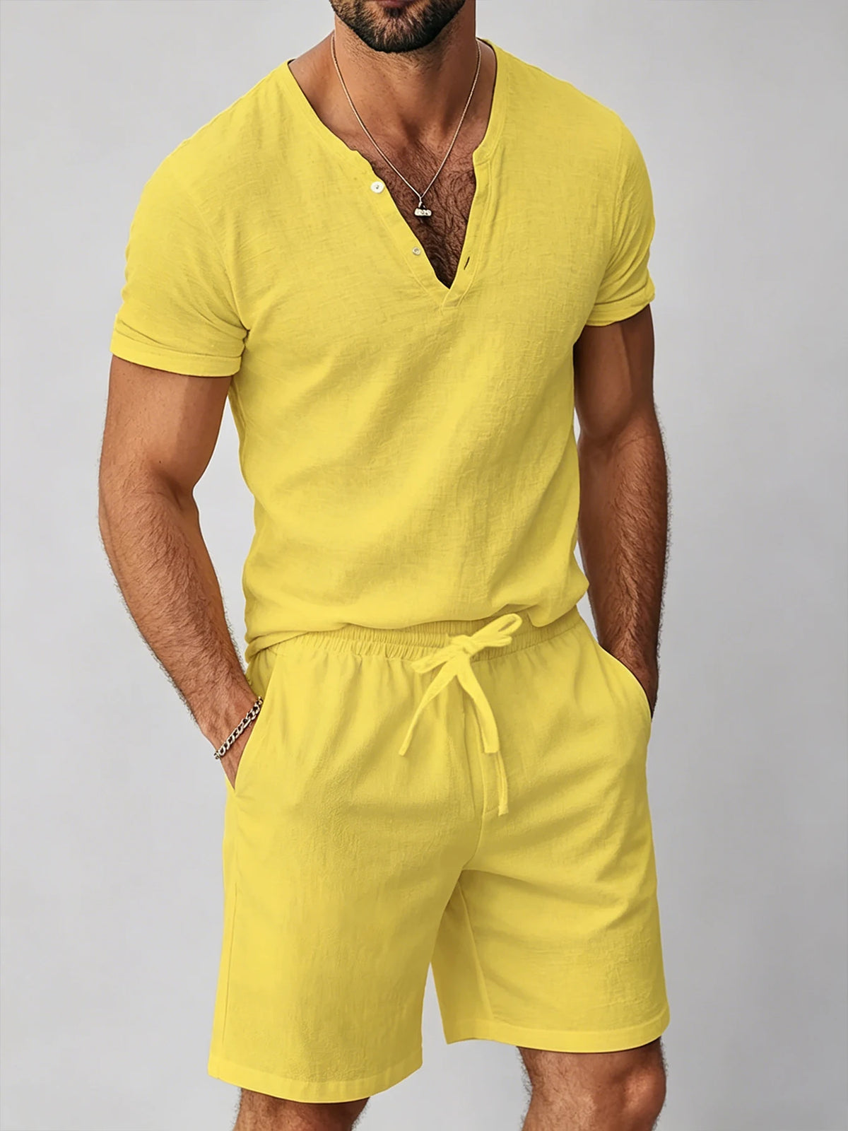 Mens Cotton Linen 2 Piece Set V Neck Henley T Shirt Drawstring Shorts Breathable Casual Summer Beach Outfit