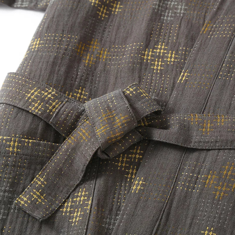 Mens Cotton Kimono Robe Mid Calf Summer Bathrobe Plus Size Loungewear V-Neck Woven Jacquard Pajamas