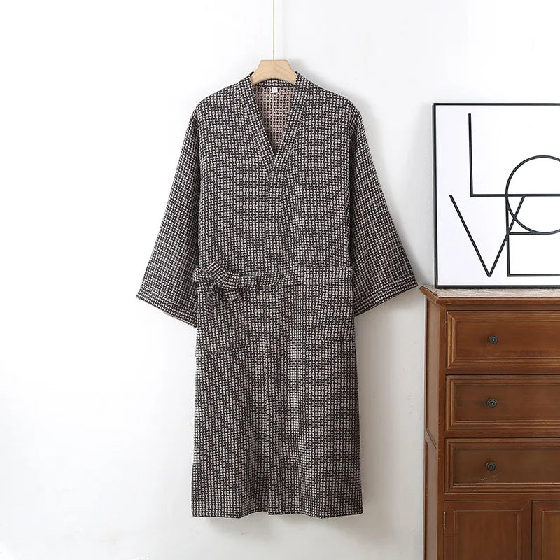 Mens Cotton Kimono Robe Mid Calf Summer Bathrobe Plus Size Loungewear V-Neck Woven Jacquard Pajamas